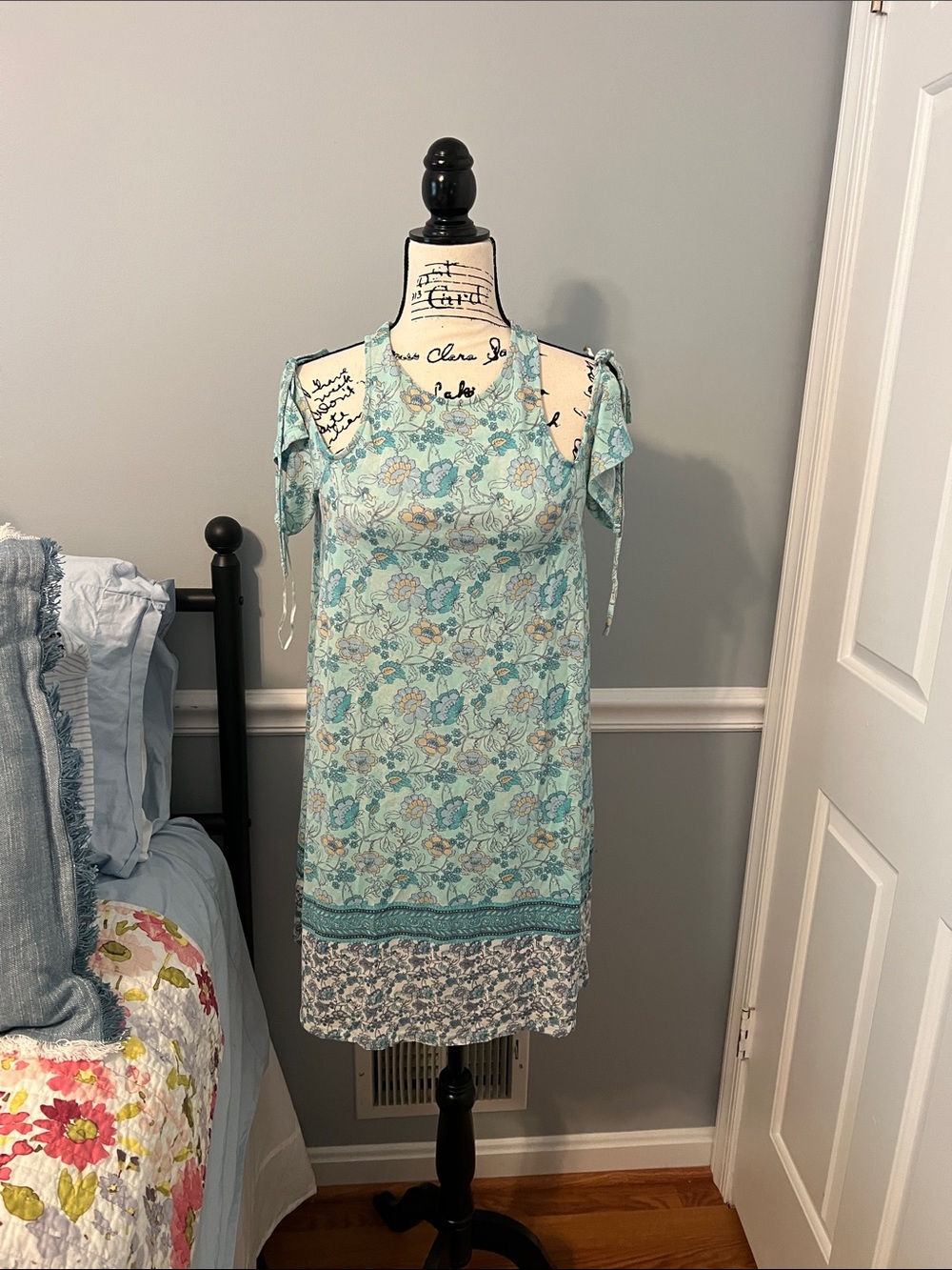 True Craft Aqua Floral Cold-Shoulder Mini Dress